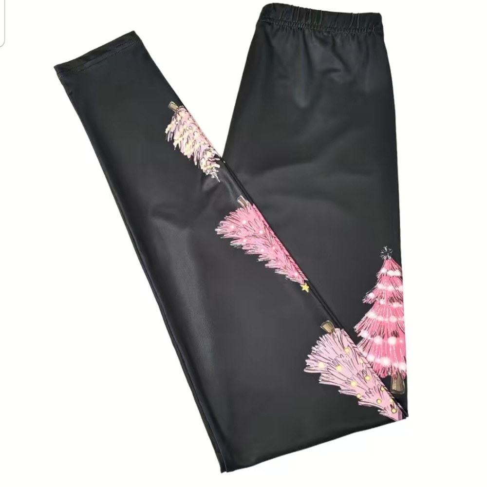 Adorable Christmas Black Leggings with Pink Tree Design - Picture 4 of 5